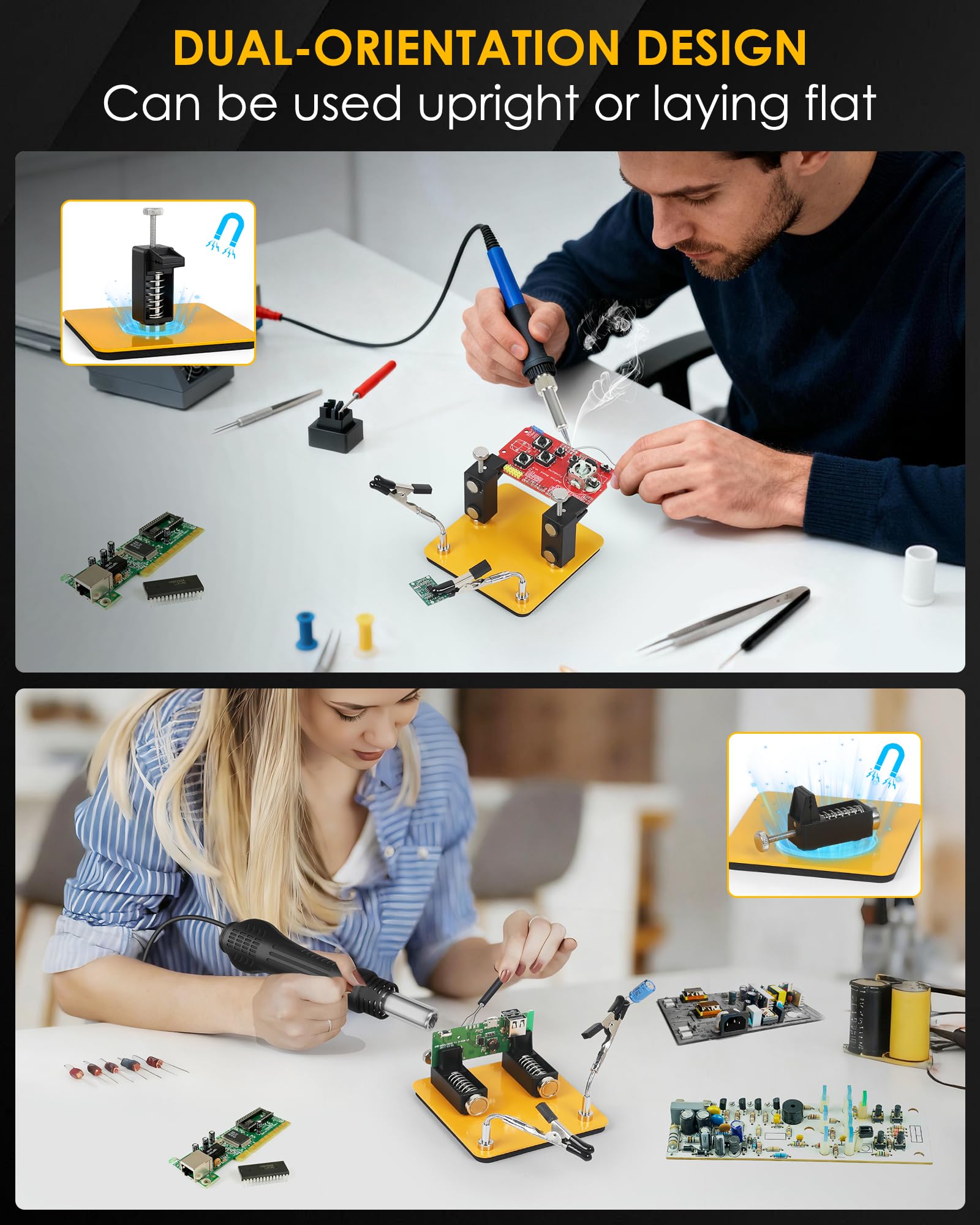 EOOKU Helping Hands Soldering Station, 2 Way Magnetic PCB Holder Clamps, One-Push Spring Loaded Third Hand Tool with 2 Adjustable Clips for Electronics, PCB Repair and DIY, Craft